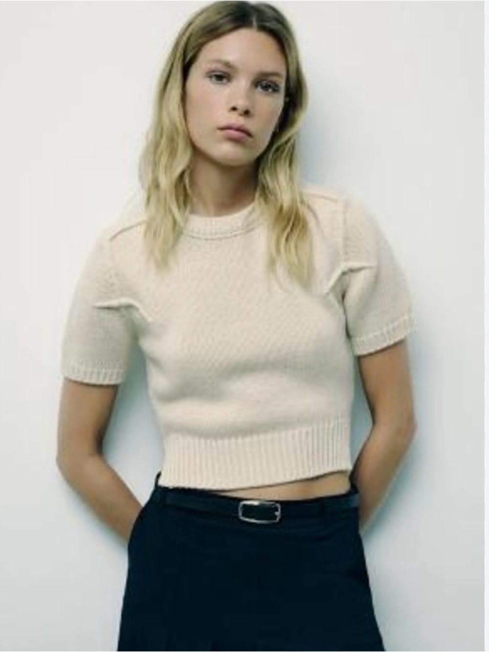 Zara Woman’s New Wool Blend Cropped Short Sleeve Sweater in Cream NWT